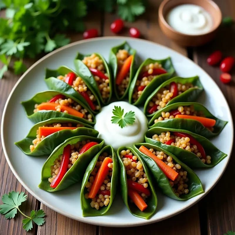 Plato blanco con empanadillas de hoja de parra rellenas de quinoa y vegetales, dispuestas en abanico y espiral sobre fondo rústico de madera. Acompañadas de salsa de yogur y decoradas con granada y cilantro fresco.