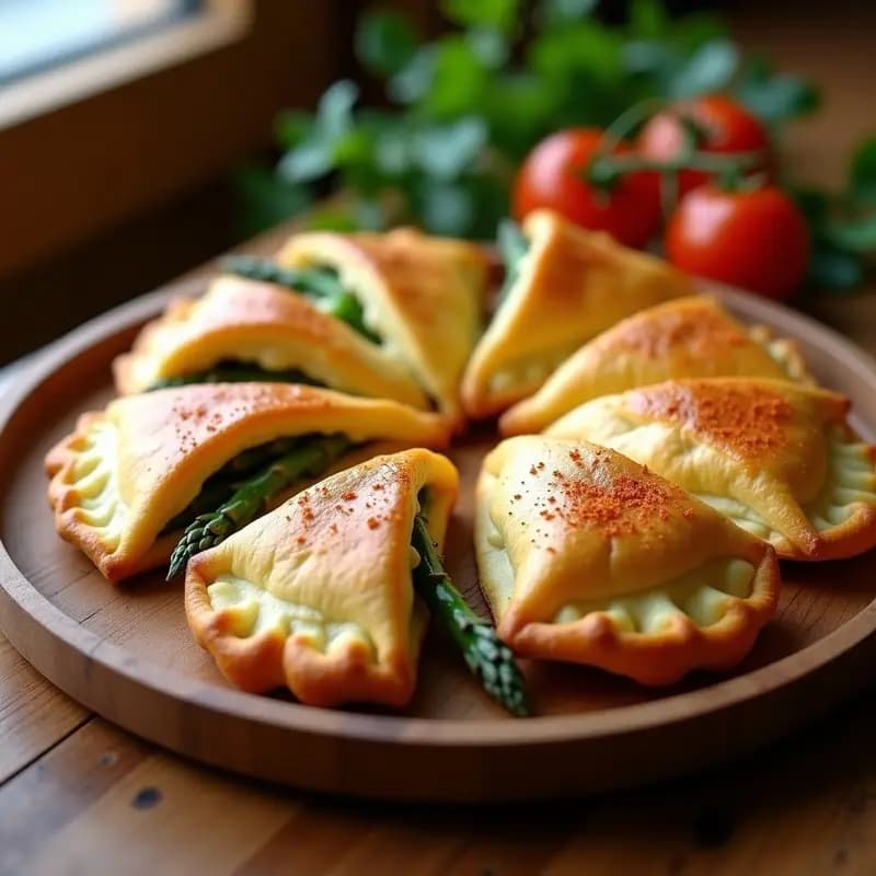 Empanadillas doradas de hojaldre integral rellenas de espárragos trigueros y hummus de habas, servidas en una fuente de madera con un toque de pimentón por encima. Receta vegana española casera.