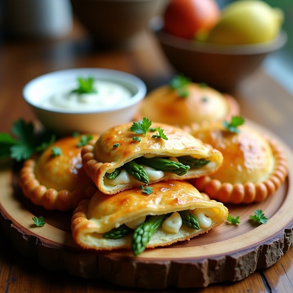 Empanadillas doradas y crujientes de hojaldre sin gluten rellenas de espárragos trigueros y queso de cabra desmenuzado, servidas en una fuente de madera rústica con perejil fresco espolvoreado. Receta fácil en Airfryer, aperitivo elegante.