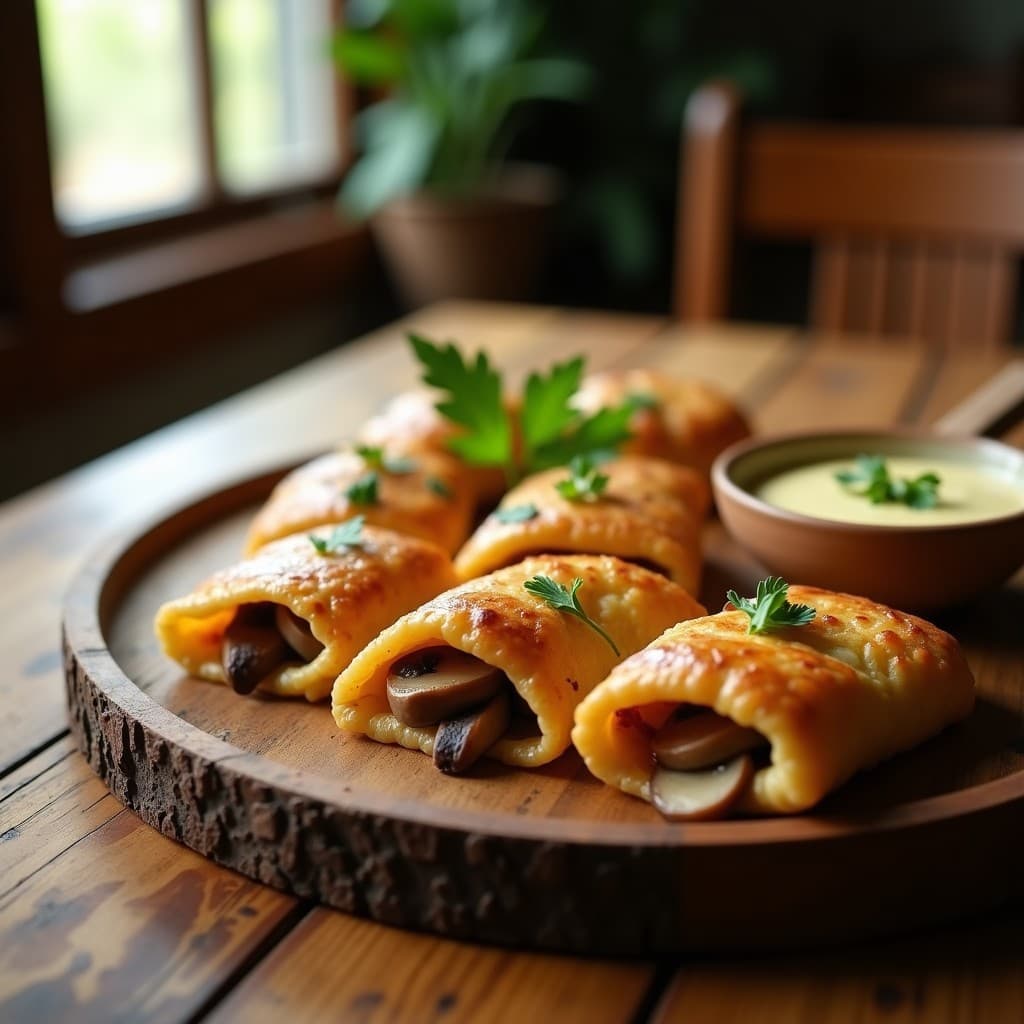Empanadillas doradas y crujientes rellenas de hongos ostra salteados y queso de almendras cremoso, servidas sobre una tabla de madera con hierbas frescas y salsa de ajo. Receta sin harina en airfryer.