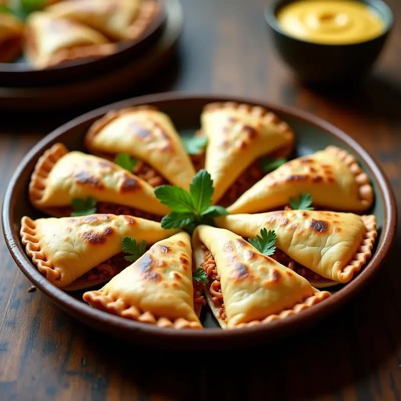 Empanadillas doradas y bien selladas de jackfruit y queso vegano de anacardos, servidas en un plato de barro sobre un fondo rústico. Receta sin gluten en olla express.
