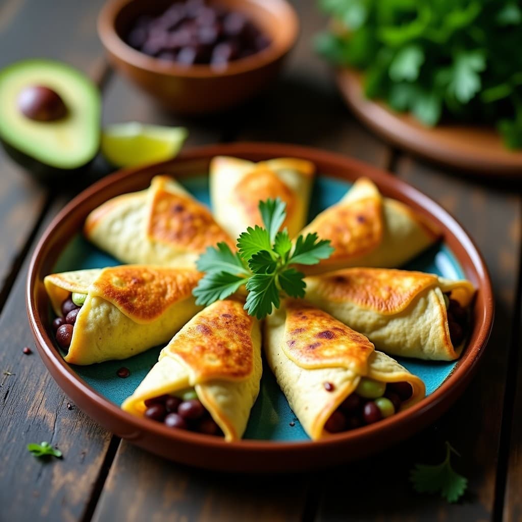 Empanadillas doradas de maíz azul rellenas de frijoles negros y queso de aguacate, servidas en un plato de barro con hojas de cilantro y una rodaja de limón verde, receta guatemalteca tradicional.