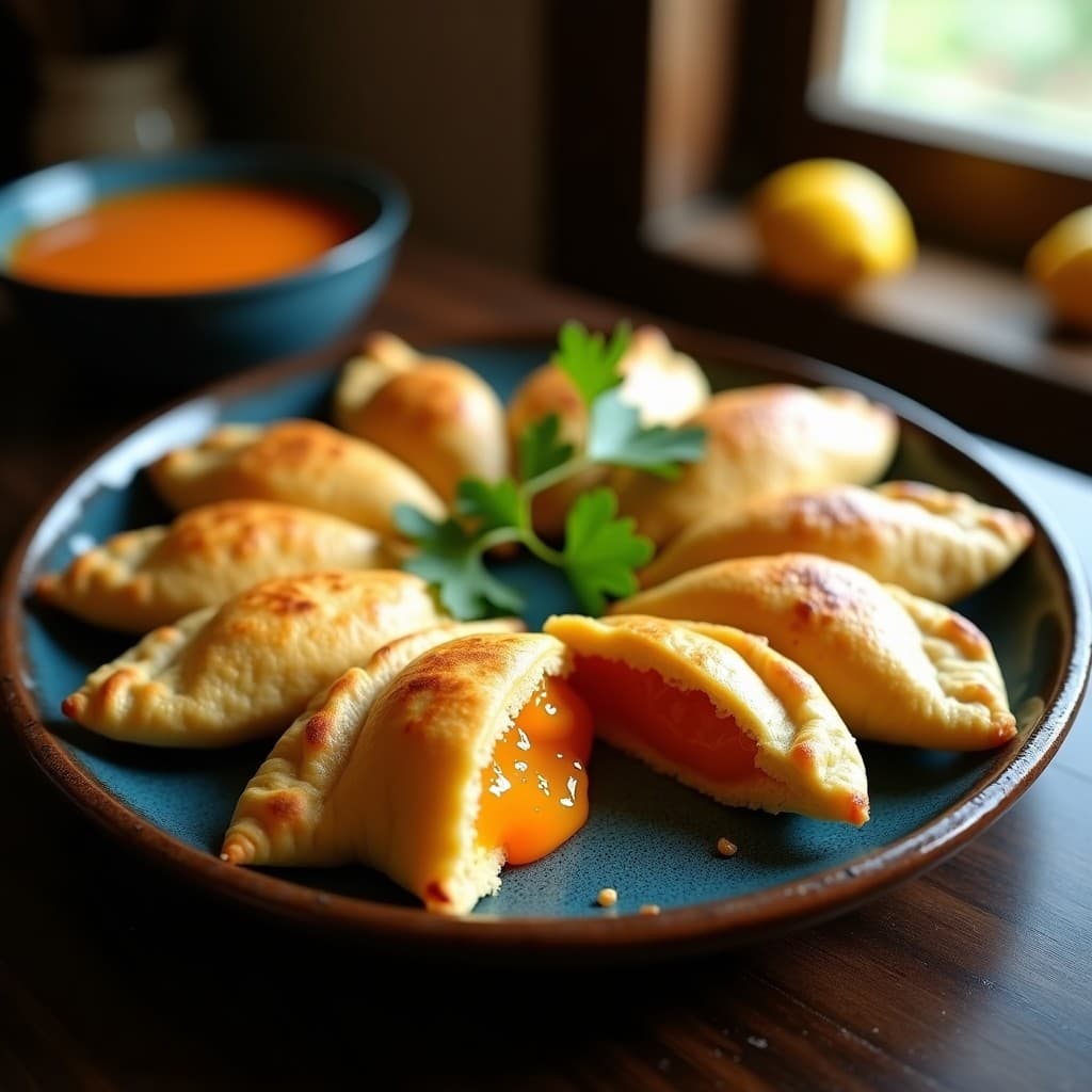 Empanadillas doradas y crujientes de maíz azul rellenas de pulpa de guayaba, servidas en un plato de barro con hojas de cilantro fresco. Receta colombiana tradicional en Thermomix.