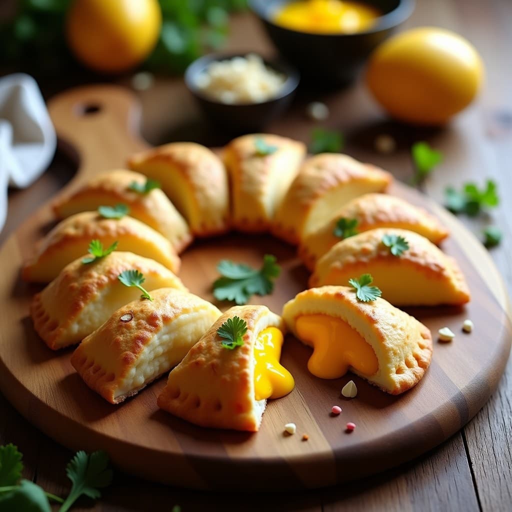 Empanadillas doradas y crujientes de masa de mandioca rellenas de mango y queso de cabra, servidas en una tabla de madera con hojas de cilantro fresco y pimienta rosa espolvoreada, receta fusion Brasil-España sin gluten.