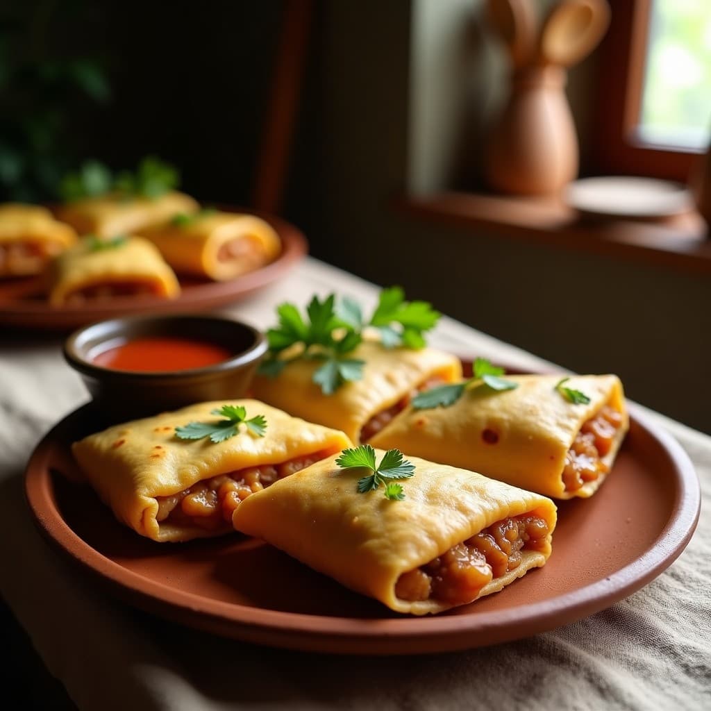 Empanadillas doradas y crujientes de masa de caña de azúcar rellenas de carimañola, servidas en un plato rústico de barro con hojas de cilantro fresco y una salsa de ají al lado, receta colombiana sin harina.