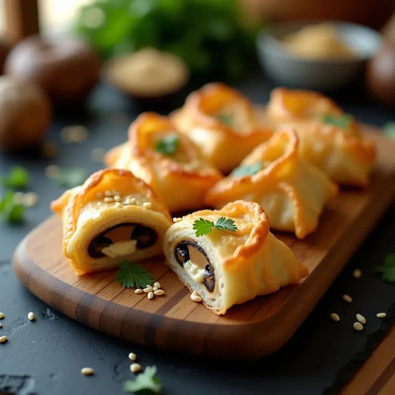 Bandja de empanadillas de masa filo doradas y crujientes con relleno de hongos y queso de anacardos, servidas en una tabla de madera rústica con perejil fresco y salsa de yogur vegano al lado.