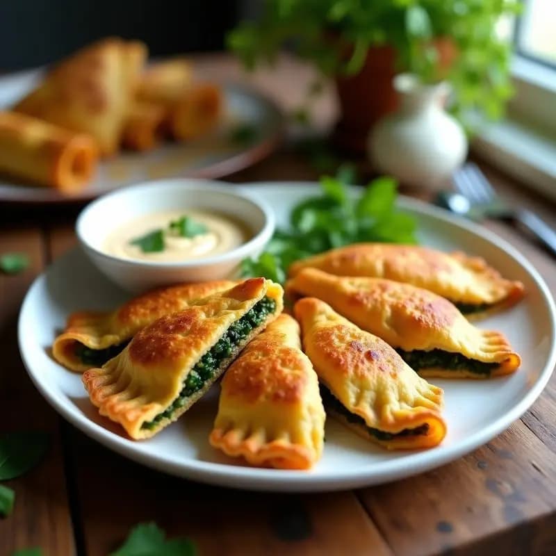 Empanadillas doradas y crujientes de masa de lentejas rellenas de espinacas, servidas en un plato blanco con salsa de limón amarilla al lado. Aperitivo español vegano.