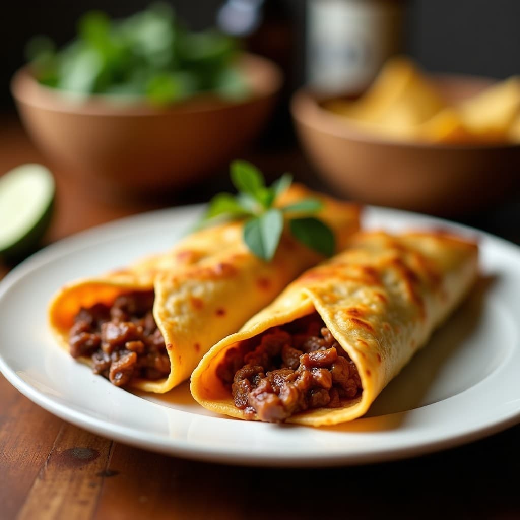 Empanadillas doradas y crujientes de masa de mandioca rellenas de carne de caña santa, servidas en un plato de madera rústico con cilantro fresco y queso parmesano espolvoreado. Receta colombiana keto en airfryer.