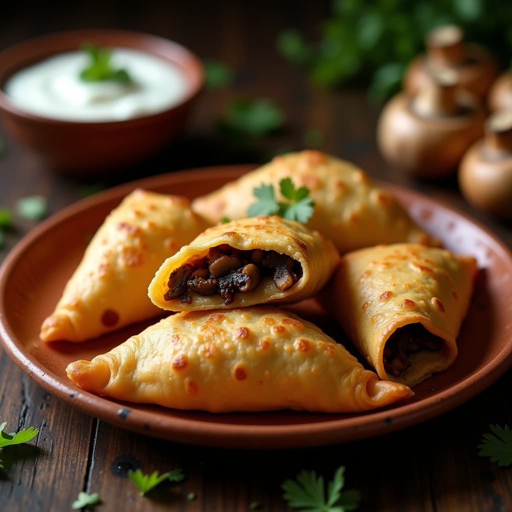 Empanadillas doradas y crujientes de masarepa rellenas de hongos portobello y cebolla caramelizada, con un toque de queso vegano de anacardos, servidas en un plato rústico de barro con salsa cremosa al lado.