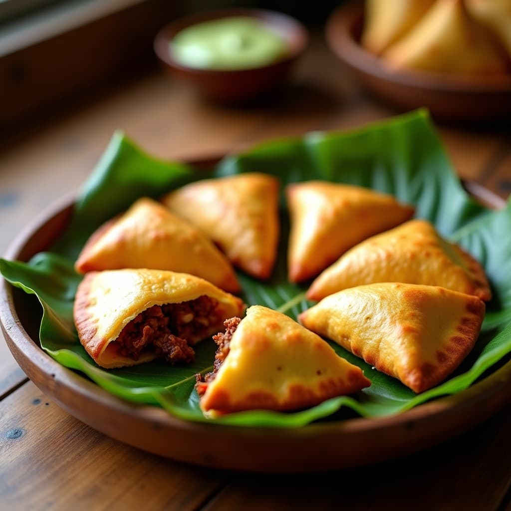 Empanadillas de masarepa doradas y crujientes rellenas de carnitas de jackfruit, servidas en un plato de madera rústico con hojas de plátano de fondo y una salsa de aguacate al lado. Receta colombiana vegana.