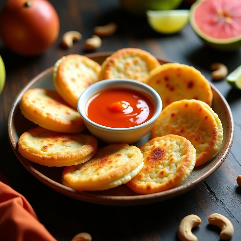 Empanadillas doradas y crujientes de masarepa rellenas de queso vegano de anacardos, servidas en un plato de barro con salsa de guayaba brillante y espesa. Receta colombiana vegana con contraste de colores amarillos y rojizos.