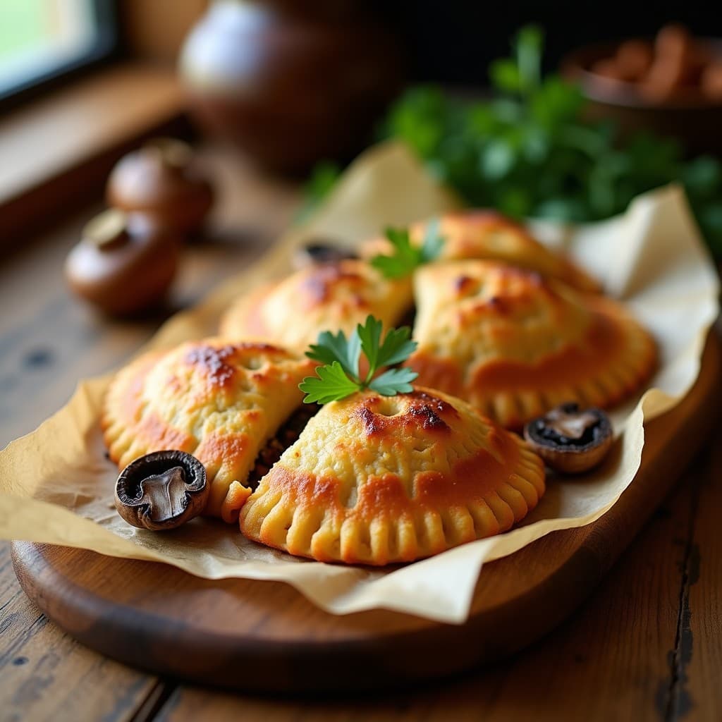 Empanadillas doradas y crujientes de mashua y champiñones portobello sobre papel de horno, con un fondo rústico de madera y hierbas frescas. Receta boliviana en airfryer sin gluten.