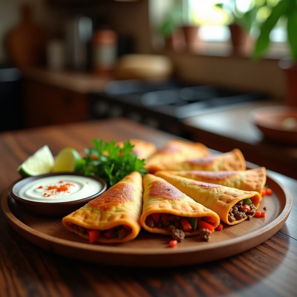 Empanadillas doradas y crujientes de masa de ñame rellenas de carne picada y pimientos, servidas en un plato de madera rústico con hojas de perejil fresco y una salsa cremosa al lado. Receta cubana tradicional en Airfryer.