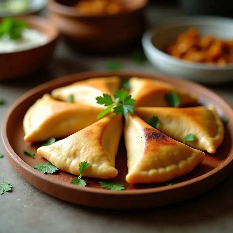 Empanadillas doradas de masa de ñame rellenas de carne de soja texturizada, dispuestas en un plato de madera rústico con hojas de cilantro fresco. Receta colombiana vegana para tupper.