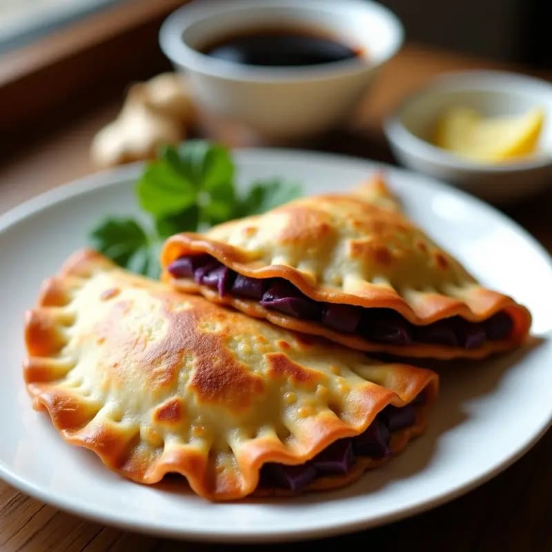 Empanadillas doradas y crujientes de patata morada y hongos shiitake en airfryer, con un toque asiático, servidas en un plato de madera con salsa de soja al lado.