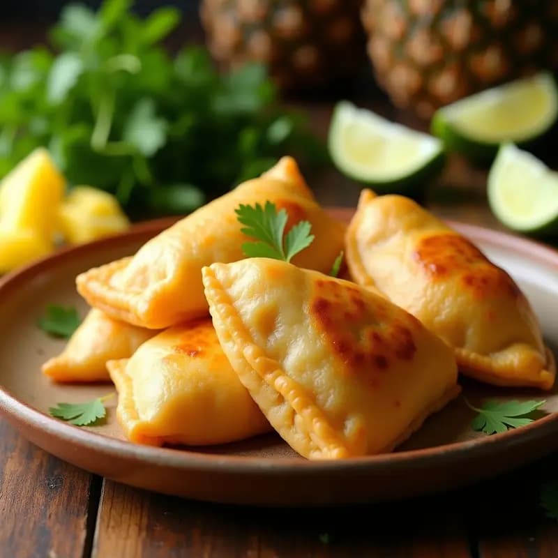 Empanadillas doradas y crujientes de masa de yuca rellenas de piña y jalapeño, dispuestas en un plato de cerámica rústico con hojas de cilantro fresco y rodajas de limón al fondo. Aperitivo colombiano picante y dulce.