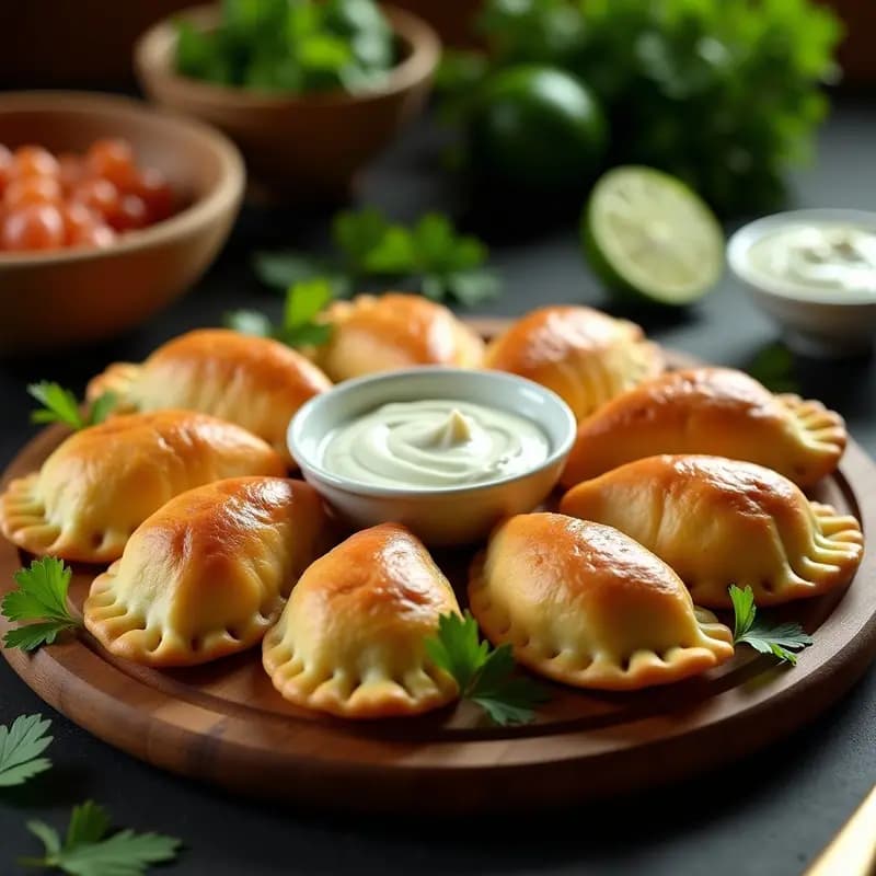 Empanadillas doradas y crujientes de masa de plátano macho rellenas de carne de cangrejo, colocadas en una fuente de madera rústica con hojas de cilantro fresco y rodajas de limón al lado. Receta caribeña sin gluten hecha en airfryer.