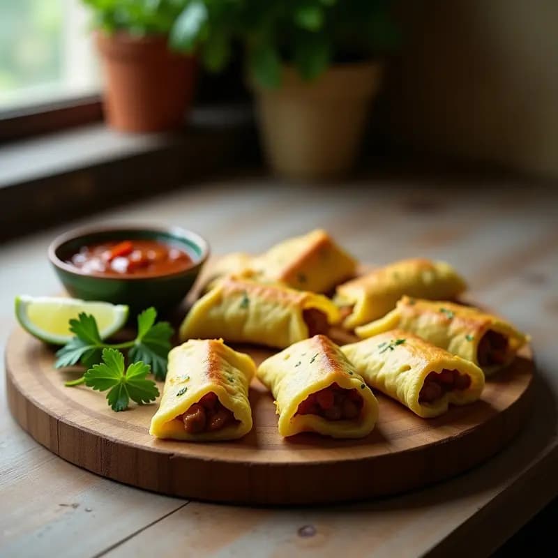 Bandja de madera con empanadillas doradas de masa de plátano verde rellenas de picadillo de seitán, aperitivo colombiano vegano, servidas con salsa de ajo y hierbas frescas.
