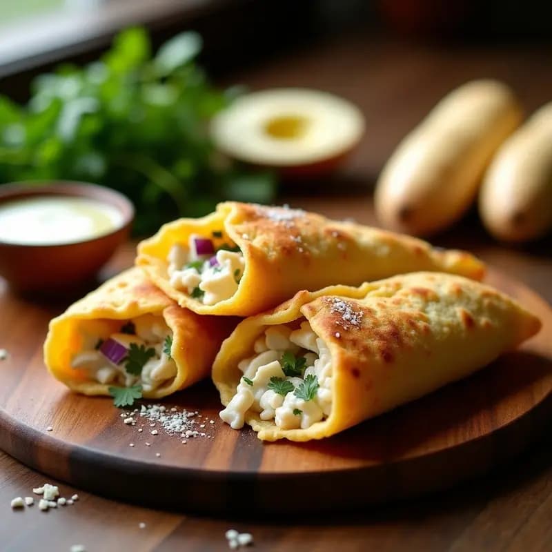 Empanadillas brasileñas doradas y crujientes con masa de cassava, rellenas de pollo jugoso y queso azul, servidas sobre una tabla de madera con hojas de cilantro fresco y salsa de yogur al lado.