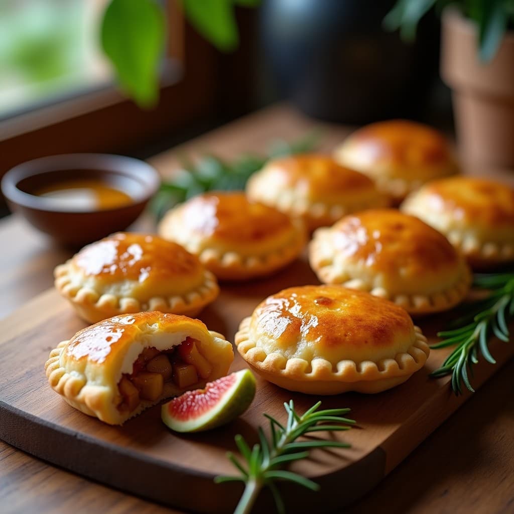 Empanadillas doradas de masa fina rellenas de queso de cabra y higos, bañadas con miel de eucalipto, servidas en una fuente de cerámica rústica sobre un mantel de lino. Receta en Thermomix sin amasar.