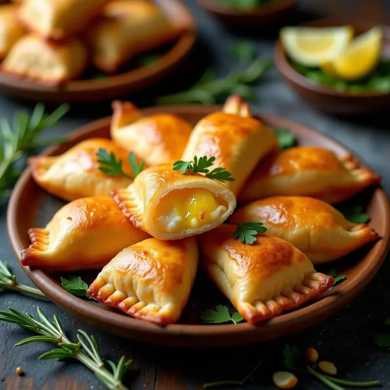 Empanadillas doradas y crujientes rellenas de socarrat de arroz y sardinas en escabeche, servidas sobre un plato de madera rústico con hierbas frescas y limón. Tapa valenciana moderna con contraste de texturas.