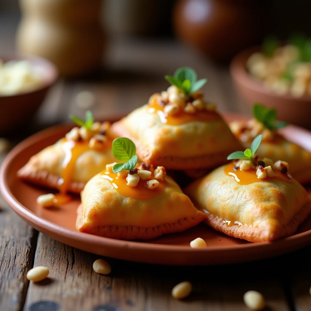Empanadillas doradas y crujientes rellenas de sondero y queso de cabra, servidas en un plato de barro con un hilo de miel de palma y piñones espolvoreados. Receta canaria en Airfryer con toque dulce-salado.