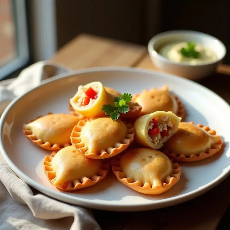 Empanadillas doradas y crujientes de masa de tapioca rellenas de bacalao desalado y pimientos asados, servidas en un plato de cerámica blanca con hierbas frescas y una salsa cremosa al lado. Receta portuguesa en airfryer.