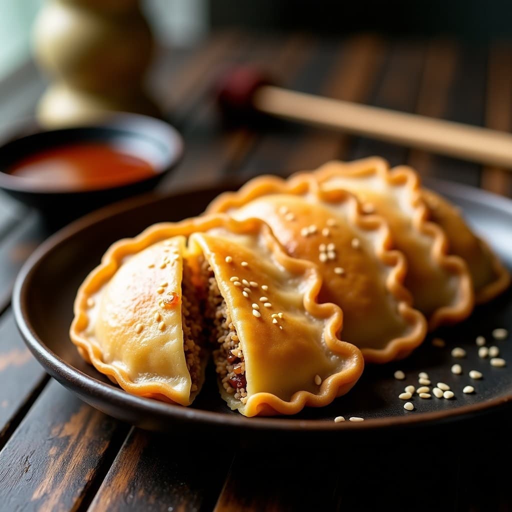 Empanadillas doradas y crujientes de yakisoba y champiñones shiitake, servidas en un plato de madera con semillas de sésamo espolvoreadas y salsa ponzu al lado, receta japonesa en airfryer.
