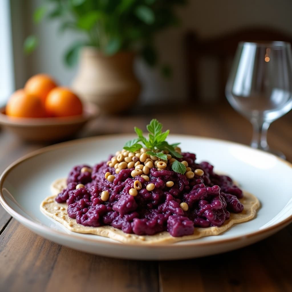 Empanadillas de yautía morada rellenas de picadillo de seitán en airfryer, doradas y crujientes, con un vibrante color morado en la masa y un relleno jugoso. Receta dominicana vegana.