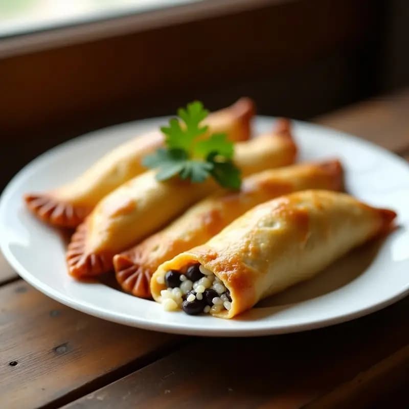 Empanadillas doradas y crujientes rellenas de yautía y moros, servidas en un plato blanco con un toque de cilantro fresco, receta cubana en olla express.