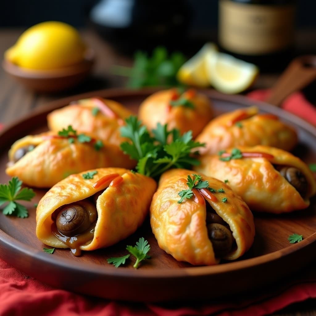 Empanadillas doradas de yuca con relleno de caracoles al ajillo, servidas en una bandeja de madera con perejil fresco y rodajas de limón, receta colombiana sin gluten.