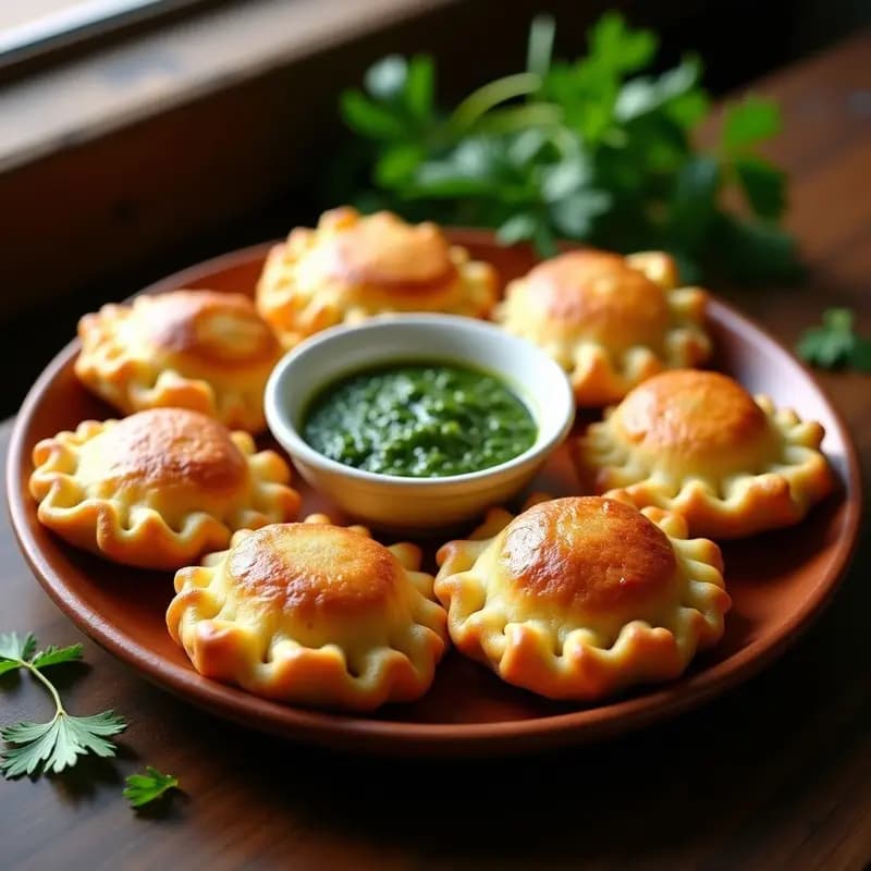 Empanadillas doradas de masa de yuca rellenas de carne de res, servidas en un plato rústico de barro con salsa chimichurri verde fresca al lado. Receta colombiana sin gluten.