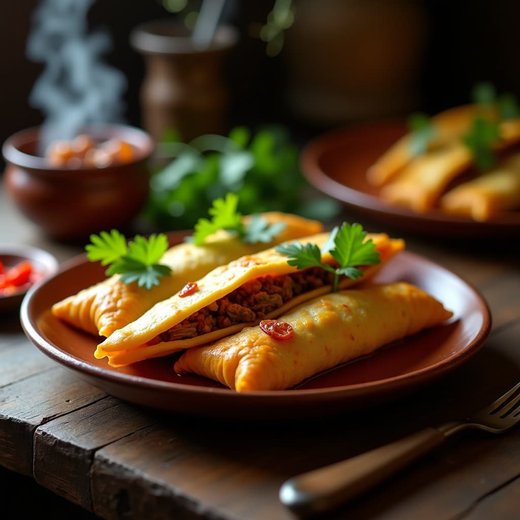 Empanadillas doradas de yuca rellenas de carne de res desmenuzada, servidas en plato de barro con hojas de cilantro fresco y un toque de ají. Receta colombiana en olla exprés, sin gluten y alta en proteína.