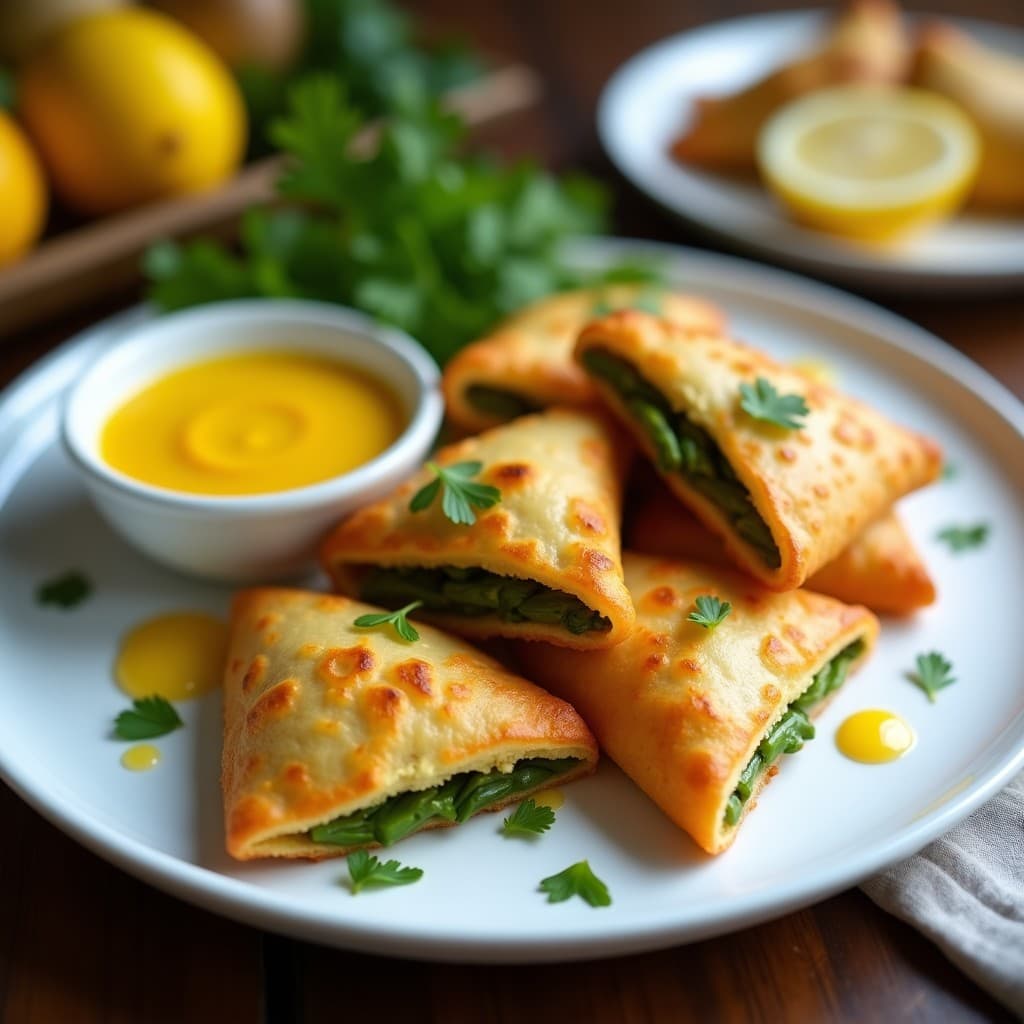 Empanadillas doradas y crujientes de yuca rellenas de espárragos trigueros, servidas en un plato de cerámica blanca con salsa de ají amarillo al lado. Decoradas con hojas de cilantro fresco sobre un fondo rústico de madera.