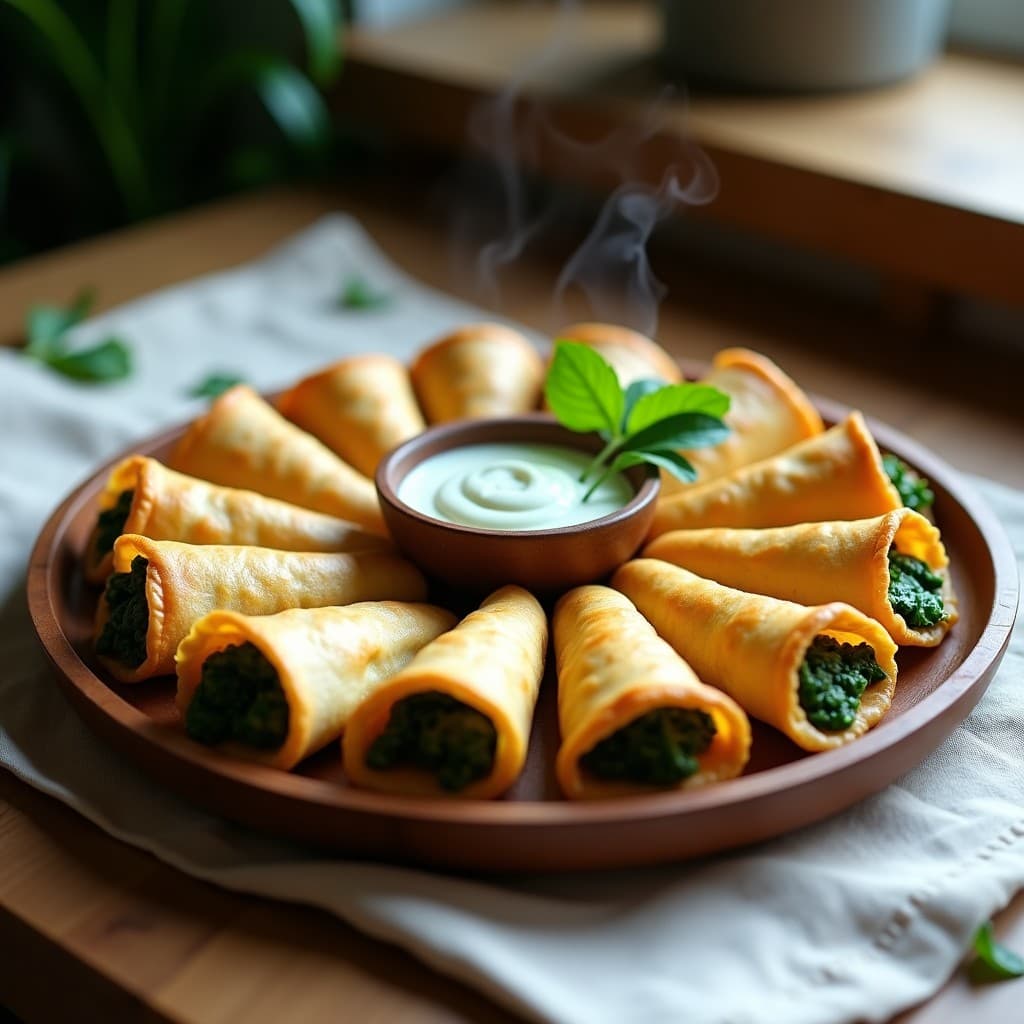 Empanadillas de yuca doradas y crujientes rellenas de espinacas y queso vegano, servidas en una bandeja de madera con hierbas frescas y salsa de yogur vegano al lado. Receta colombiana en Thermomix sin gluten.