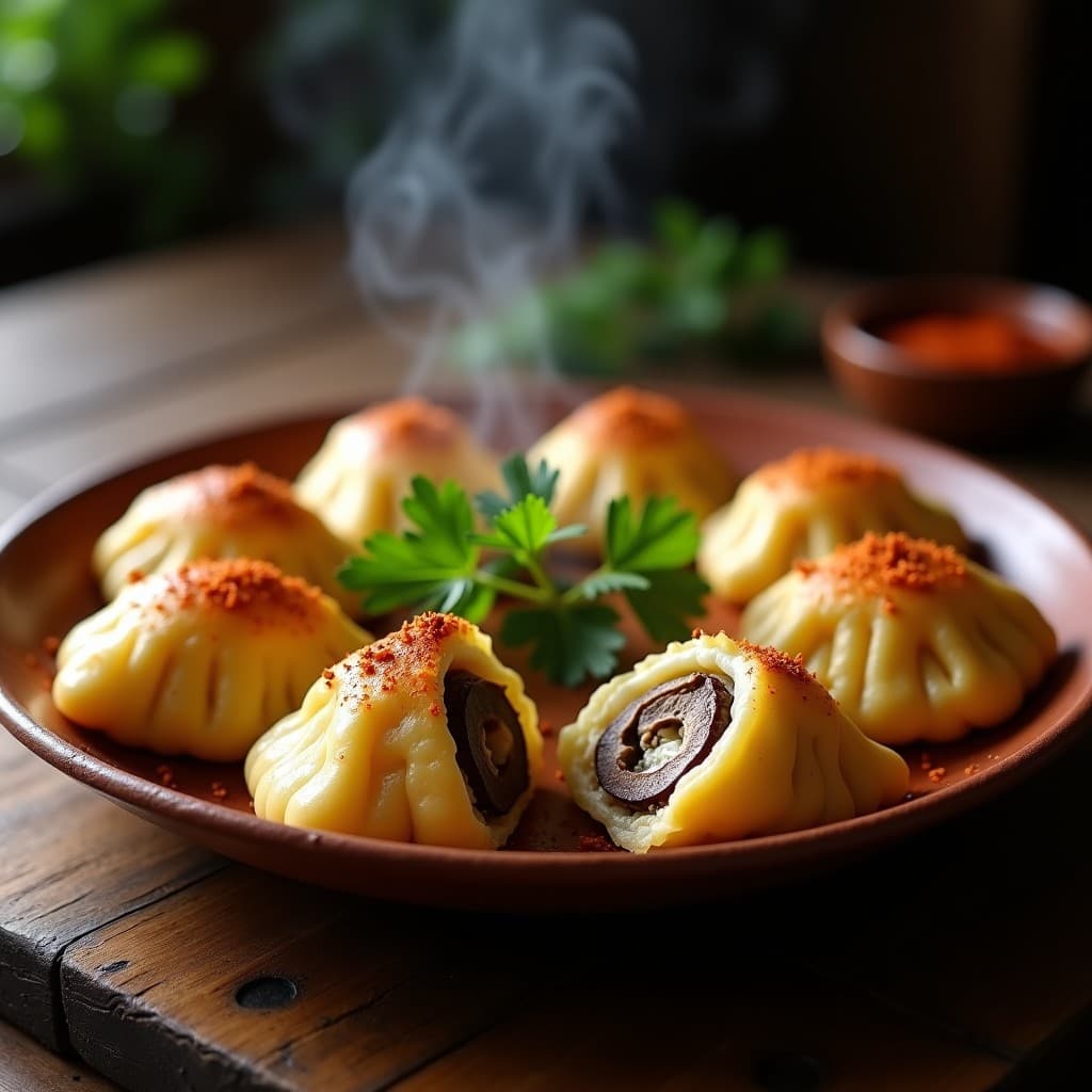 Empanadillas de yuca doradas y humeantes rellenas de hongos portobello y queso vegano, servidas en un plato de barro con hojas de cilantro fresco. Receta colombiana en olla express, sin gluten y vegana.