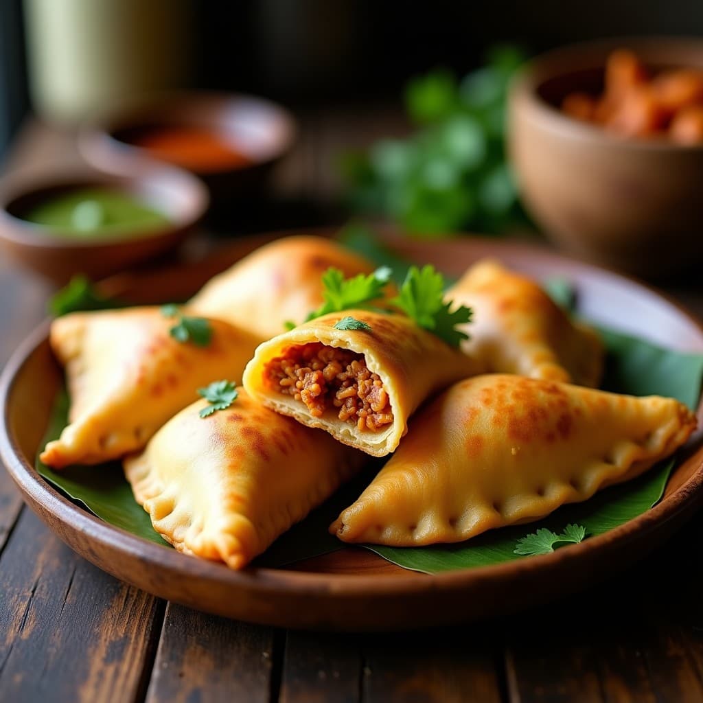 Empanadillas doradas de masa de yuca rellenas de picadillo de jackfruit, con bordes perfectamente sellados, servidas en un plato de madera con hierbas frescas y una salsa verde al lado. Receta cubana sin gluten.