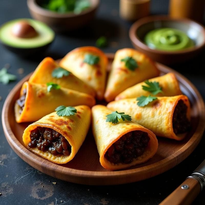 Empanadillas doradas y crujientes de yuca rellenas de morcilla vegana, servidas en un plato de madera con hojas de cilantro fresco. Receta colombiana en olla express, sin gluten y 100% vegetal.