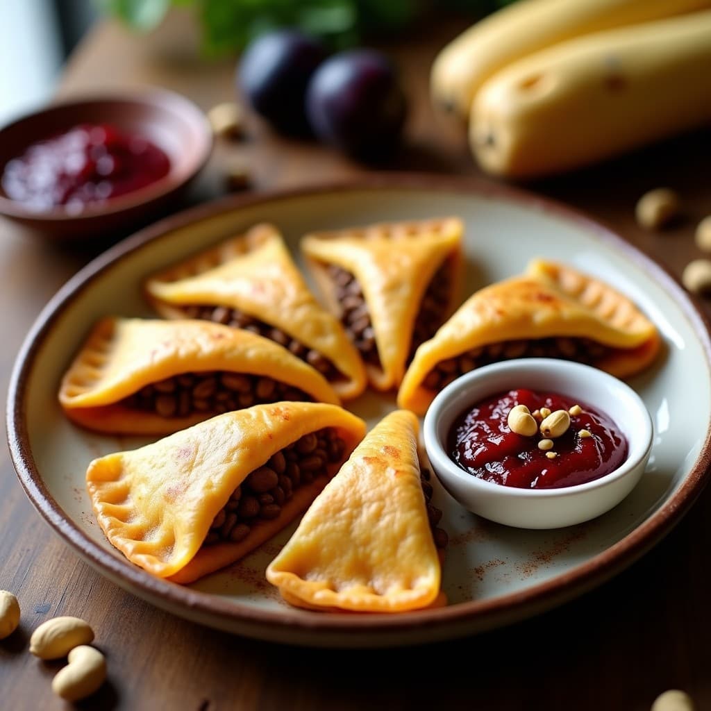 Empanadillas doradas y crujientes de yuca rellenas de morcilla vegana de lentejas y remolacha, servidas en plato de barro con salsa de ciruela espesa y anacardos picados. Receta colombiana innovadora vegana y sin gluten.