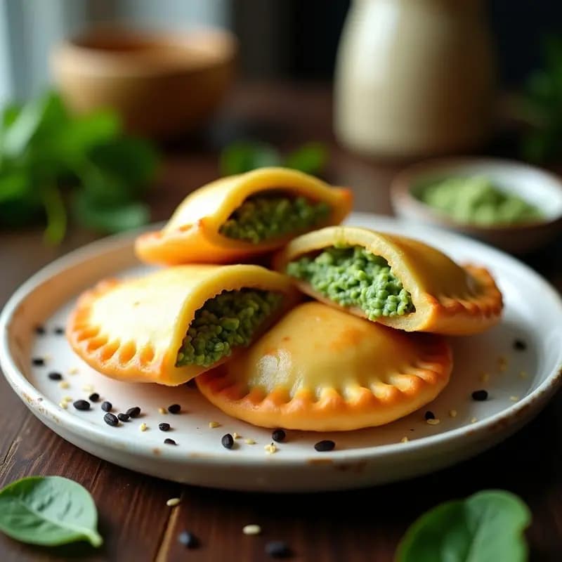 Empanadillas doradas y crujientes de masa de yuca rellenas de moringa y queso vegano, servidas en plato blanco con hierbas frescas y salsa verde, estilo snack colombiano superalimento.