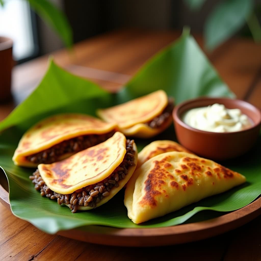 Empanadillas doradas y crujientes de yuca rellenas de moros y cochinita de hongos, servidas en un plato de madera rústico con hojas de plátano y una salsa de ajo al lado. Receta cubana vegana en airfryer.