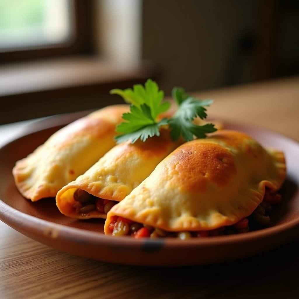 Empanadillas doradas de masa de yuca rellenas de picadillo de soja, con bordes crujientes y un relleno jugoso. Acompañadas de hojas de cilantro fresco y servidas en un plato de madera rústico, receta cubana en Airfryer.