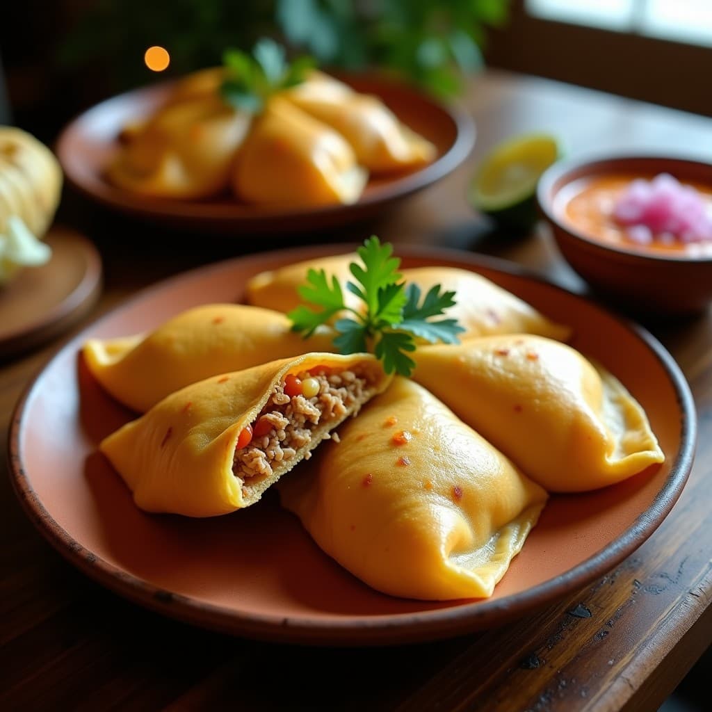 Empanadillas doradas de yuca rellenas de pollo al ají panca, servidas en un plato de barro con hojas de cilantro y salsa criolla al lado, receta peruana en olla exprés.