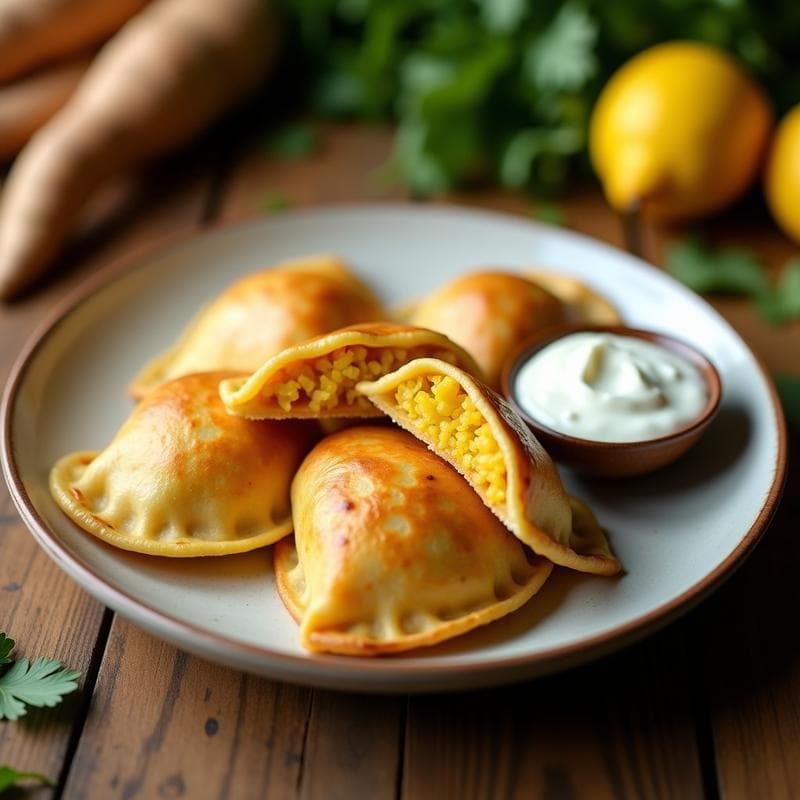 Empanadillas doradas y crujientes de masa de yuca y ñame rellenas de pollo al curry, servidas en un plato blanco con salsa de yogur al lado, receta colombiana sin trigo.