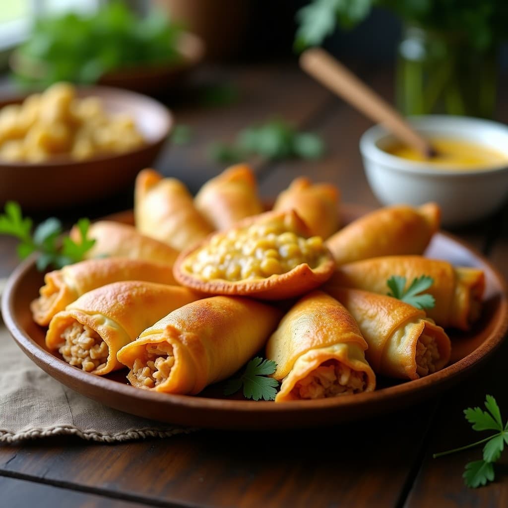 Empanadillas doradas y crujientes de yuca rellenas de pollo al mojo de ajo, servidas en un plato de madera rústico con hojas de cilantro fresco y un cuenco pequeño de salsa mojo de ajo al lado. Receta cubana en airfryer sin gluten.
