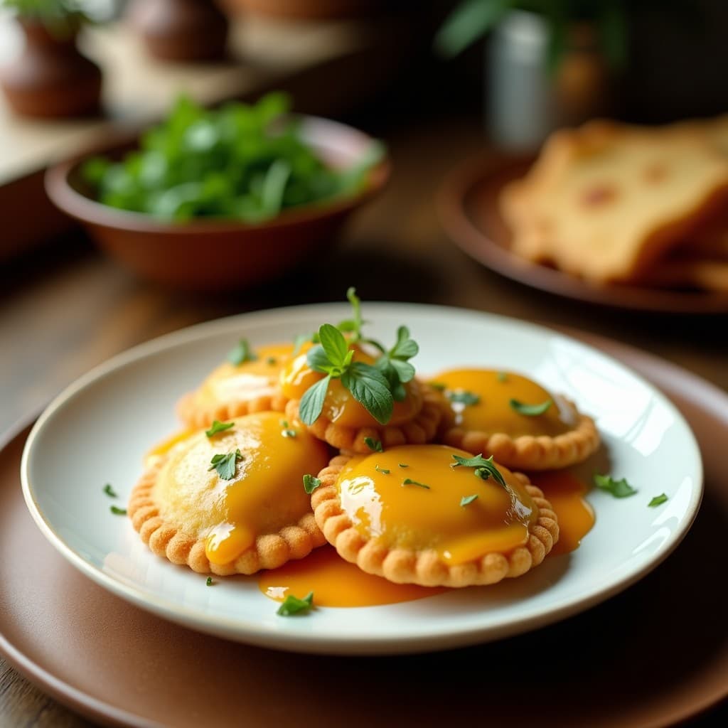 Empanadillas de yuca doradas y crujientes rellenas de pulpa de coco, servidas en un plato blanco con salsa de maracuyá amarilla en un cuenco pequeño. Receta colombiana sin gluten hecha en Thermomix.