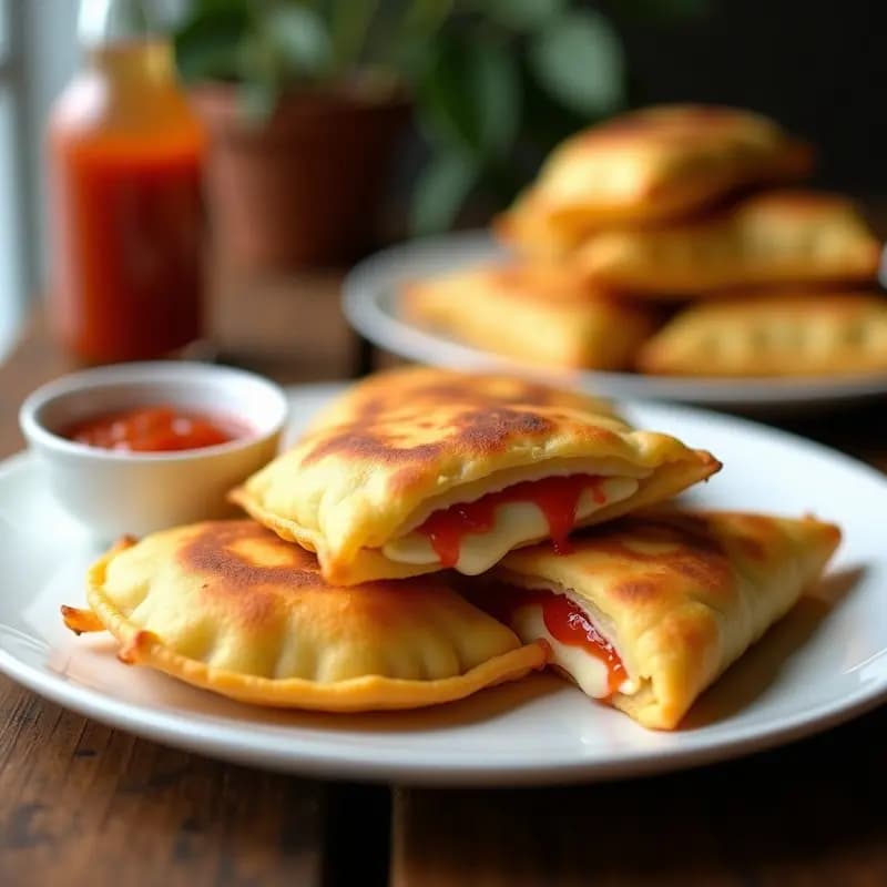 Empanadillas doradas y crujientes de yuca rellenas de queso de búfala y mermelada de guayaba, servidas en un plato blanco con un poco de mermelada extra para mojar. Receta colombiana en airfryer.