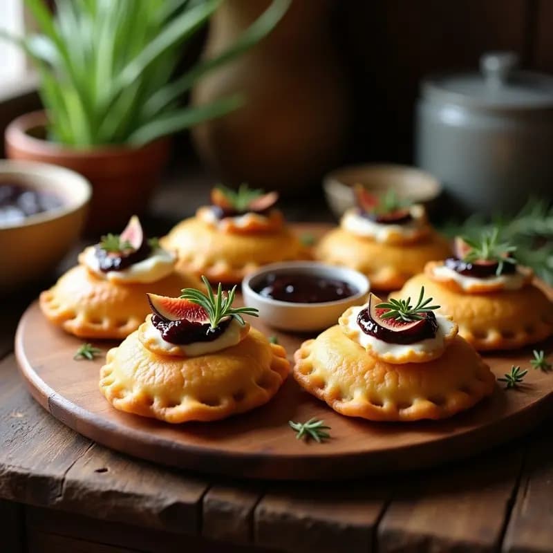 Empanadillas doradas y crujientes de yuca rellenas de queso de cabra, servidas en una bandeja de madera rústica con cucharitas de mermelada de higo oscura y hojas de romero fresco como decoración. Receta argentina dulce-salada sin gluten.