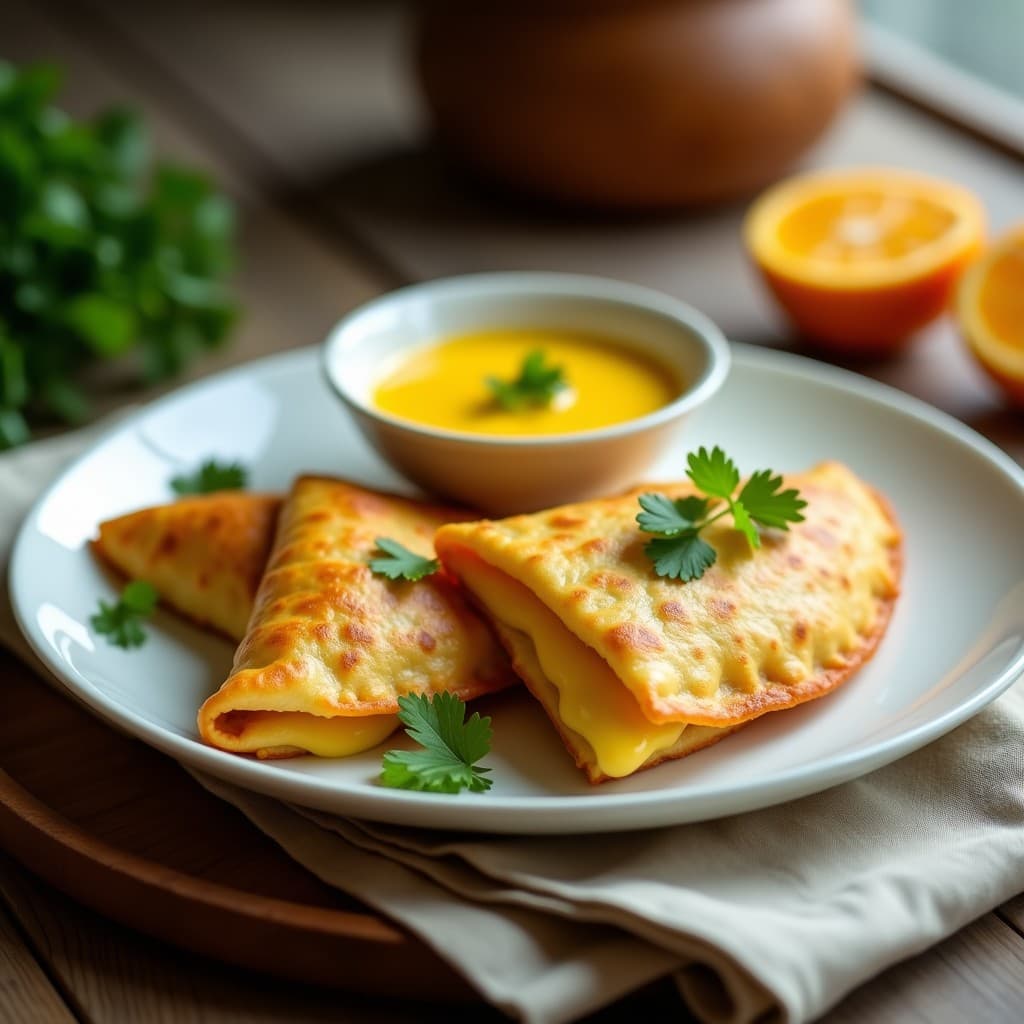Empanadillas doradas y crujientes de yuca rellenas de queso vegano y ají amarillo, servidas en un plato blanco con hojas de cilantro fresco y una salsa amarilla al lado, receta peruana en airfryer.