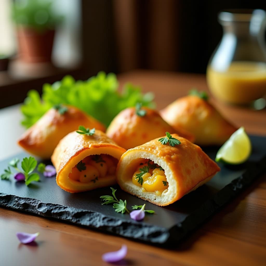 Empanadillas doradas de yuca rellenas de ceviche de palmito, servidas sobre hojas de lechuga morada, con un toque de cilantro fresco. Plato aperitivo peruano sin harina, crujiente por fuera y fresco por dentro, preparado en airfryer.
